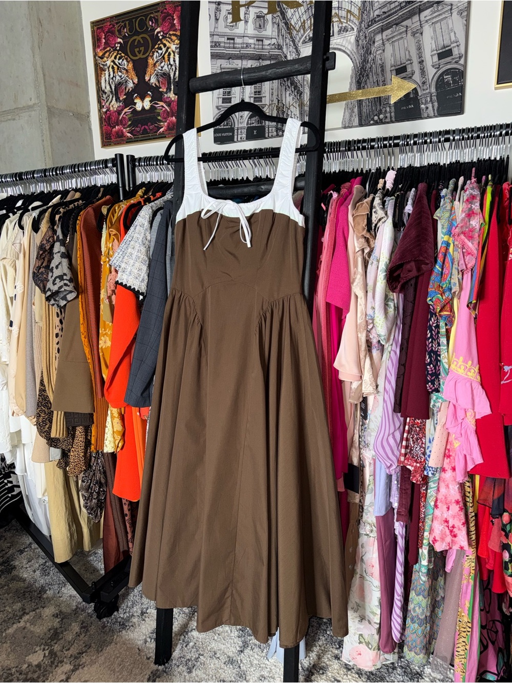 Moon River Two Tone Drop Waist Peekaboo Midi Dress Brown White Women’s Large - Picture 2 of 12